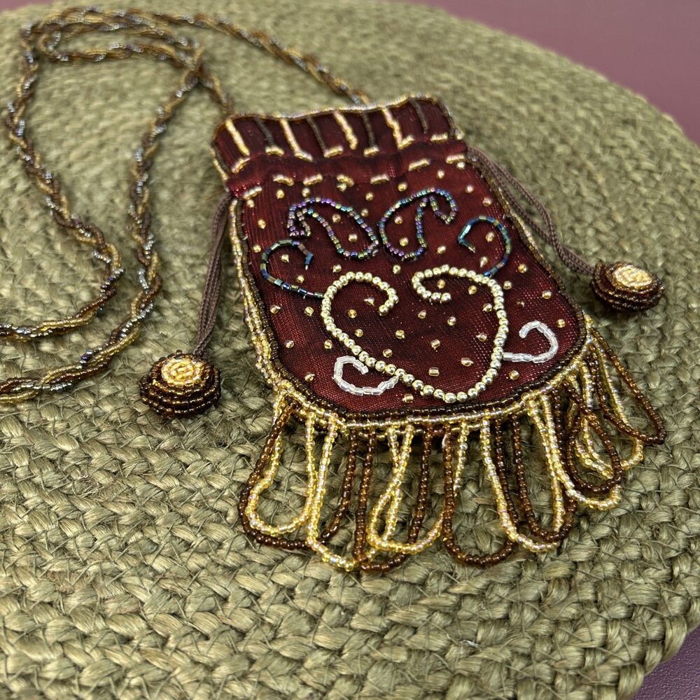 Beaded 2 Sided Change Purse Lined Drawstring Closure Fringe 24” Beaded Strap